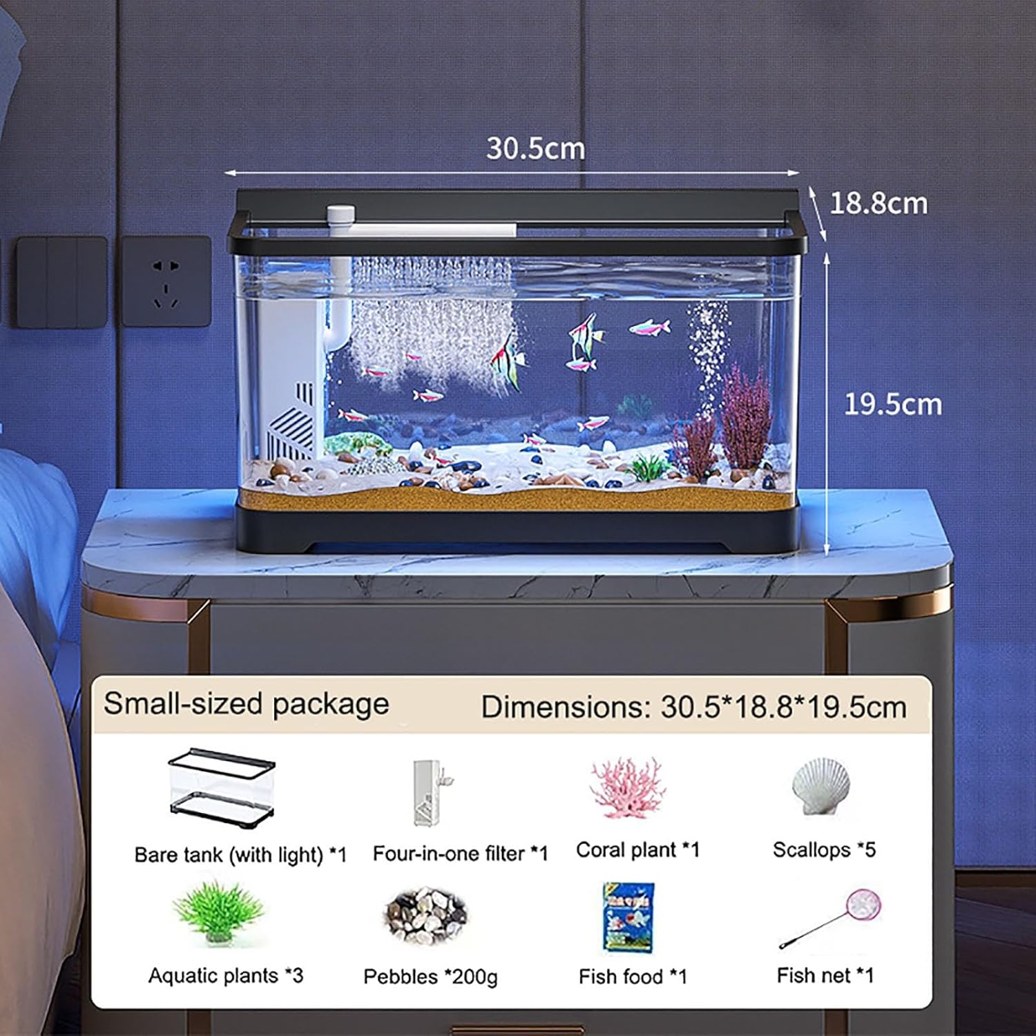 Aquarium Fish Tank Kit,Nature Fish Tank with Filter and Light,Self Cleaning Aquarium Starter Kits for Small Fish Betta Kids Room Desktop Decor(Small)