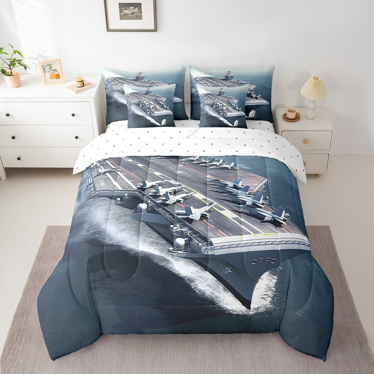 Erosebridal Aircraft Carrier 7 Piece Comforter Set Queen Military Style Bedding Sets for Kids Adults Battleship Fighter Flight Bed in A Bag Ocean Nautical Sheet Set with Comforter