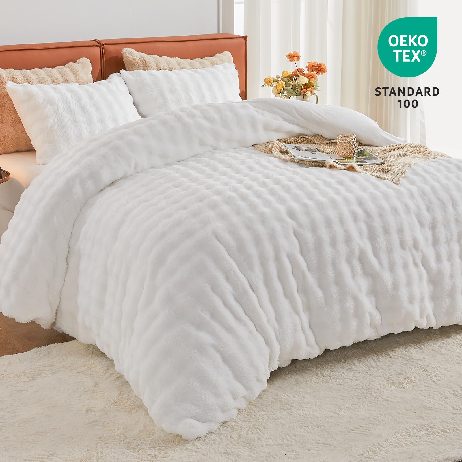 EMME Set de Sábana de Felpa 220x240 cm Blanco - Juego de Cama Invierno Imitación Piel de Conejo, Incluye Funda Nórdica Ultra Caliente con Cremallera + 2 Fundas de Almohada 80x80