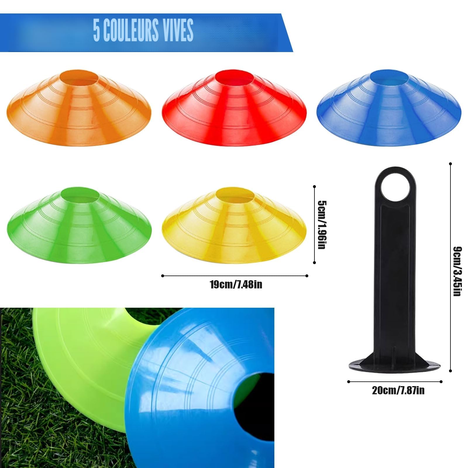 Plots de Marquage pour Football Cône, Plots Entraînement Cônes de Marquage, avec Support Noir, 5 Couleurs Plots Sport pour Délimitation Entraînement Football