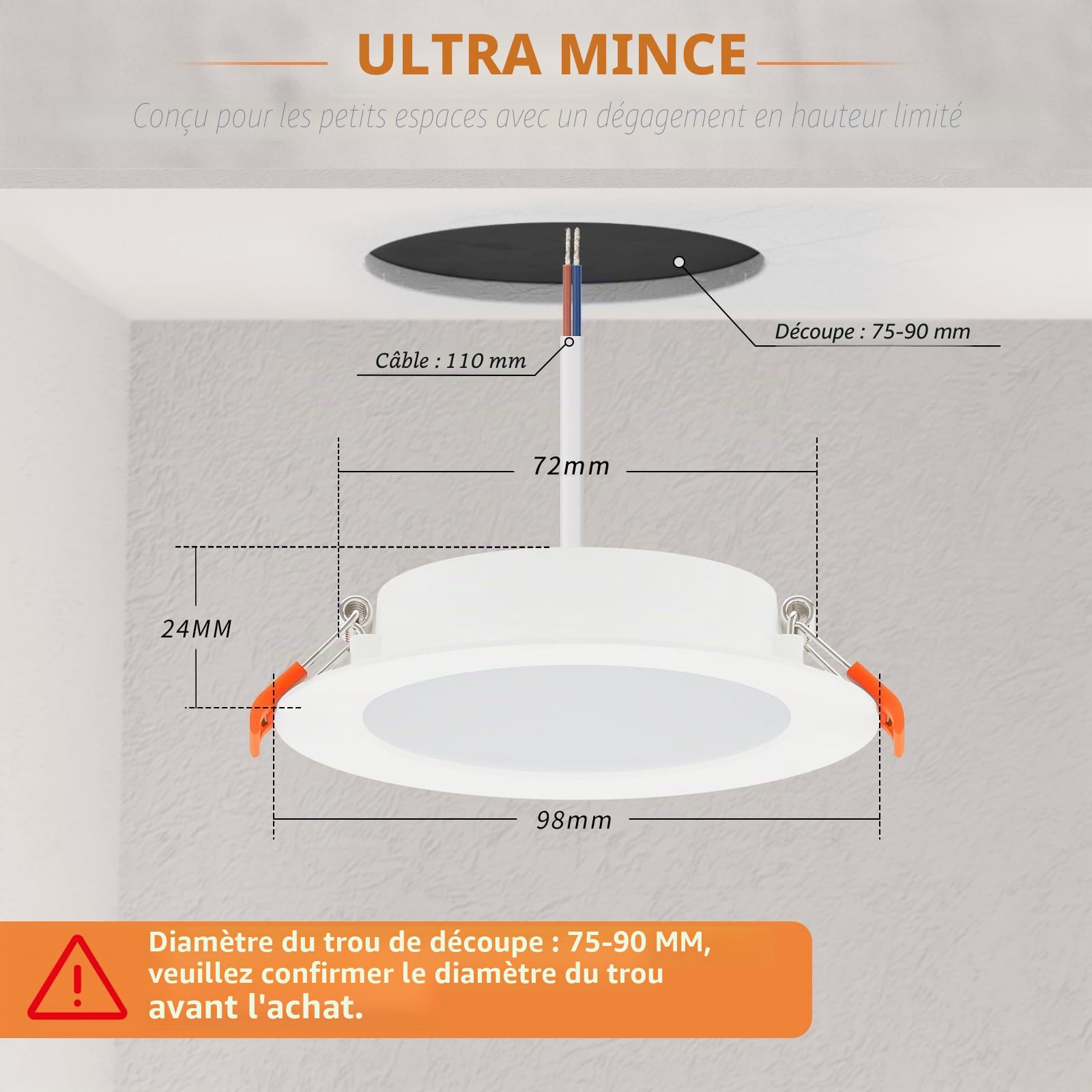 Tomosu Spot LED Encastrable Extra Plat, 5W 450LM Equivalent 50W Incandescence, IP44 Spot Etanche Salle de bain, Blanc Neutre 4000K, Trou Φ75-90mm, AC220-240V, Lot de 10