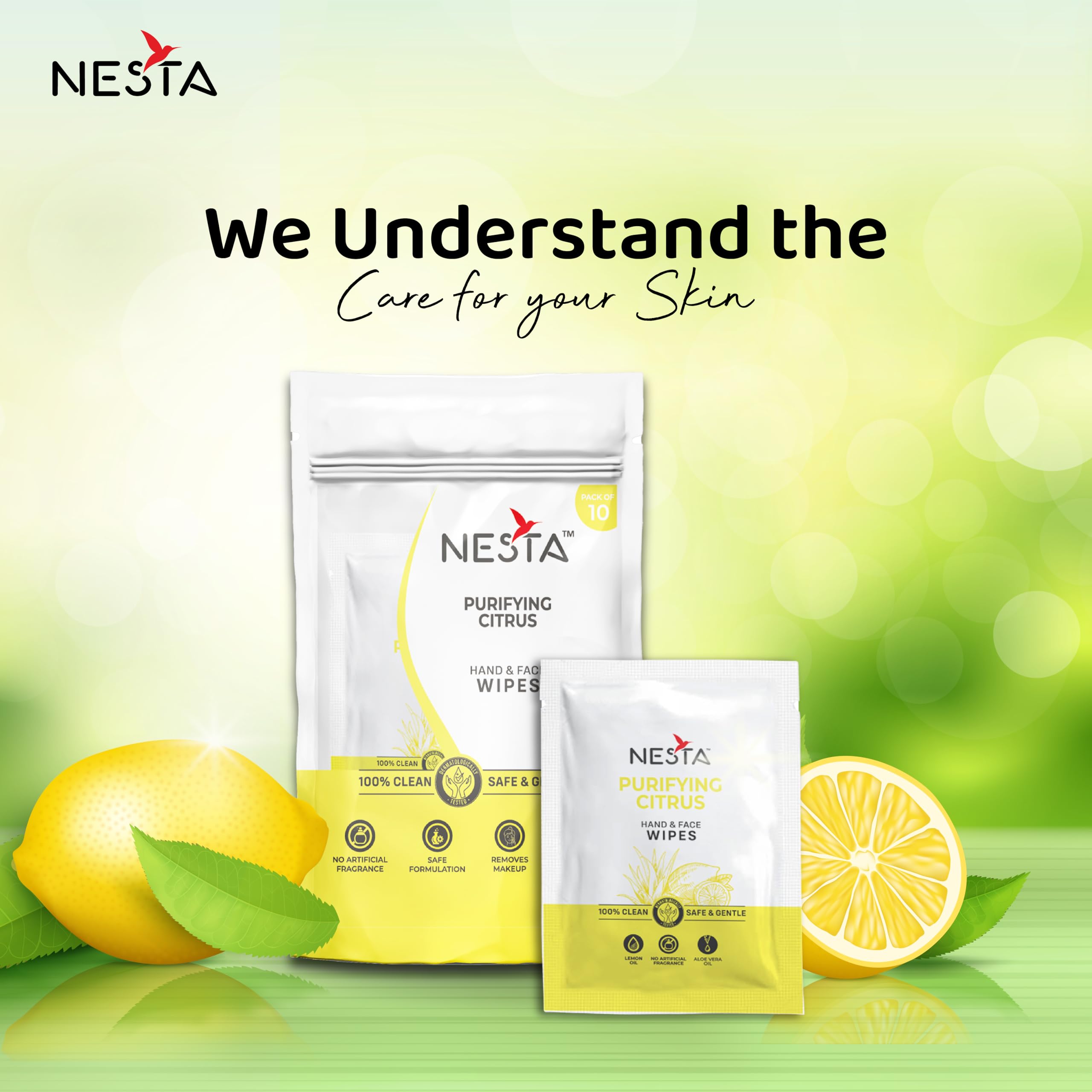 Nesta Pocket Size Facial Wet Wipes, Individually Wrapped (10x5 Packs) 50 Wipes | Citrus & Aloe Vera | Instant Freshness, Deep Cleansing & Hydration | Alcohol-Free | Travel Essentials for Men & Women 4