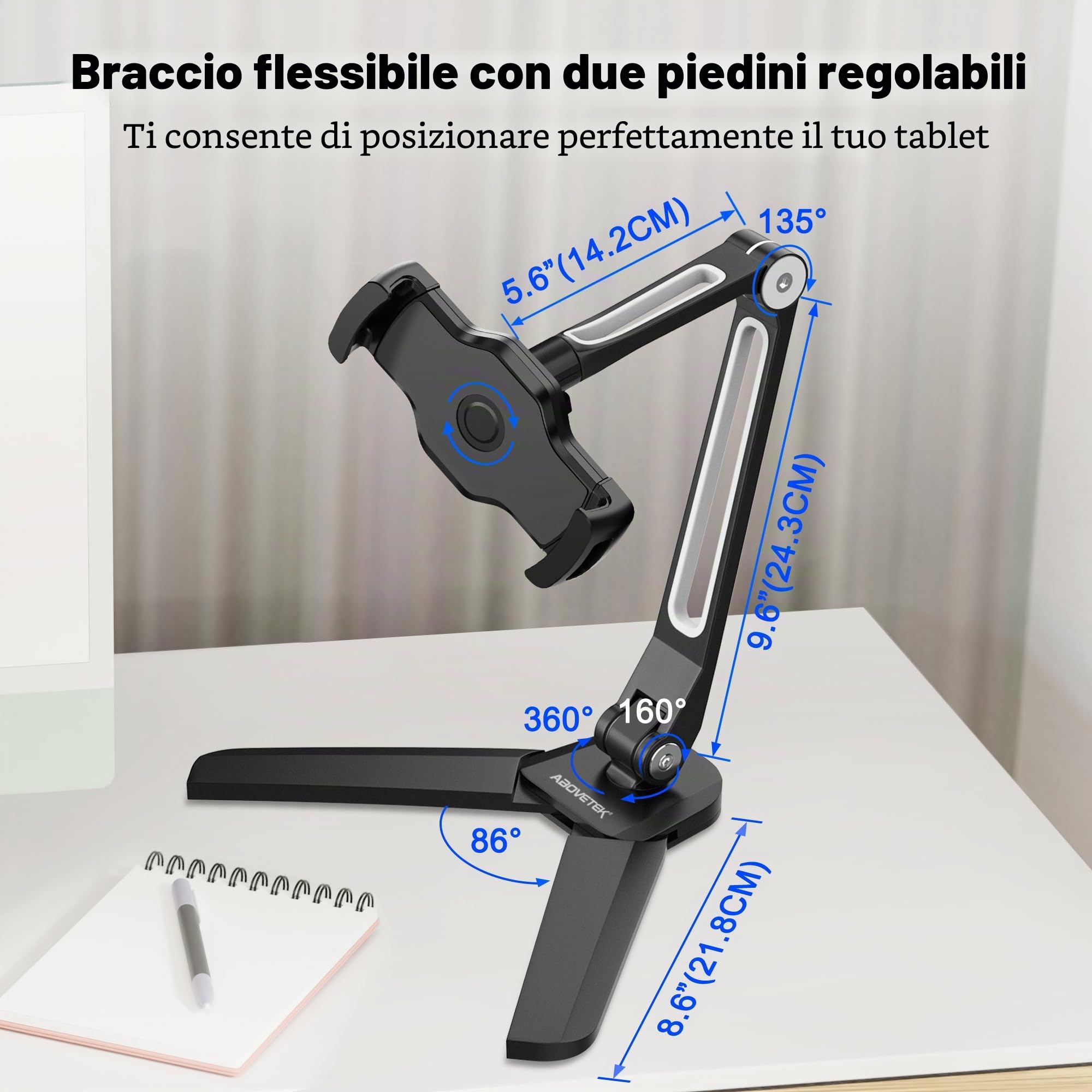 AboveTEK 2-in-1 Supporto per Tablet da Cucina o Parete - Supporto per Tablet Universale Portatile da 4,7 a 13,5 Pollici, Porta per Cellulare, 4 PT Wobble Free Mount