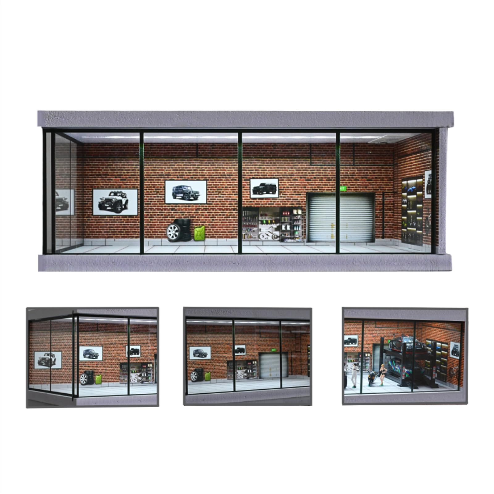 1/43 Diorama Garage Model, LED Lighting Diecast Model Car Display Case, Parking Lot Scene Model Toy, Car Model Display Box, Display Storage, Building Model(Red Brick)