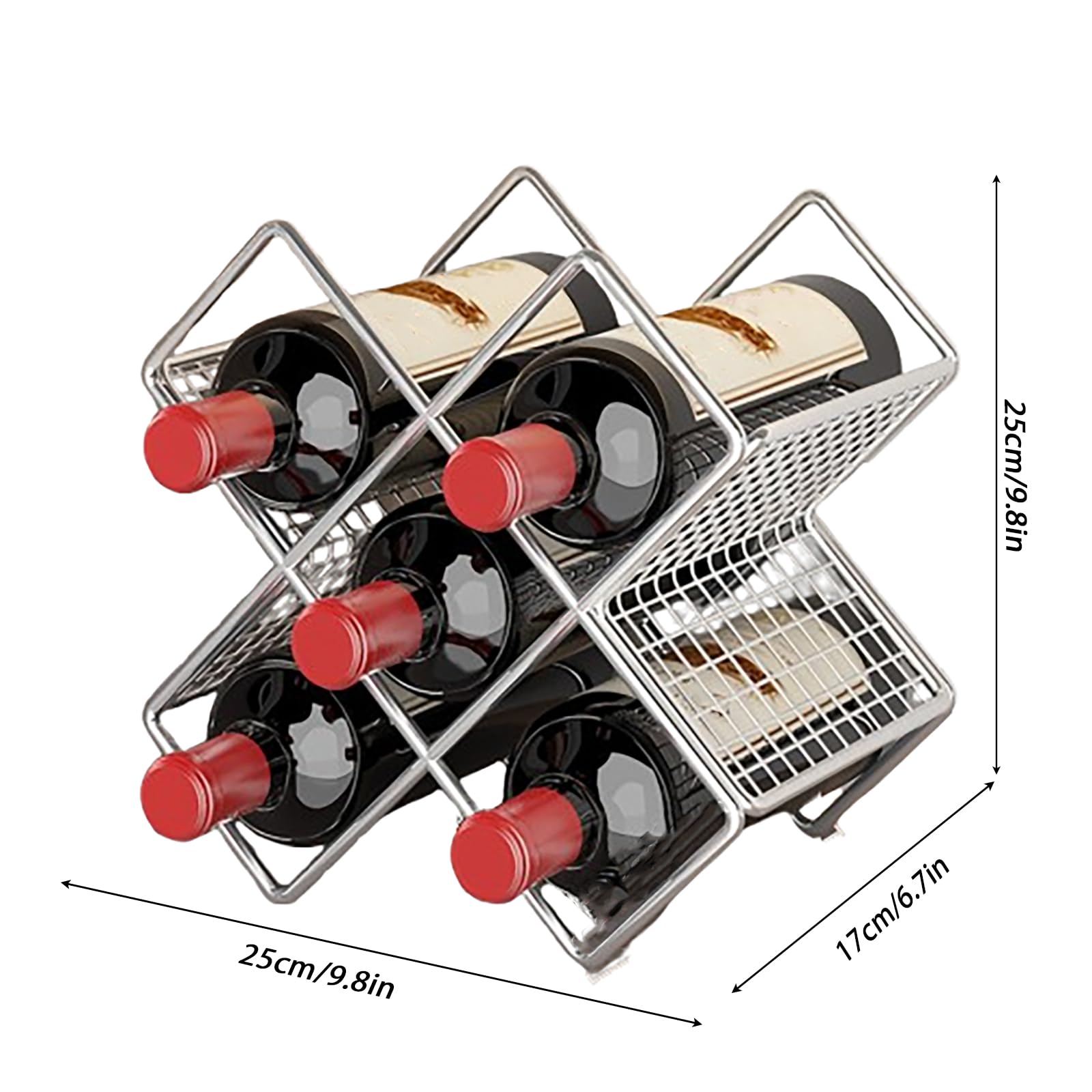 Lot de 2 supports décoratifs élégants en forme de losange en métal pour 5 bouteilles – Présentoir autonome pour la maison, la cuisine, le bar ou la cave – Couleur argentée
