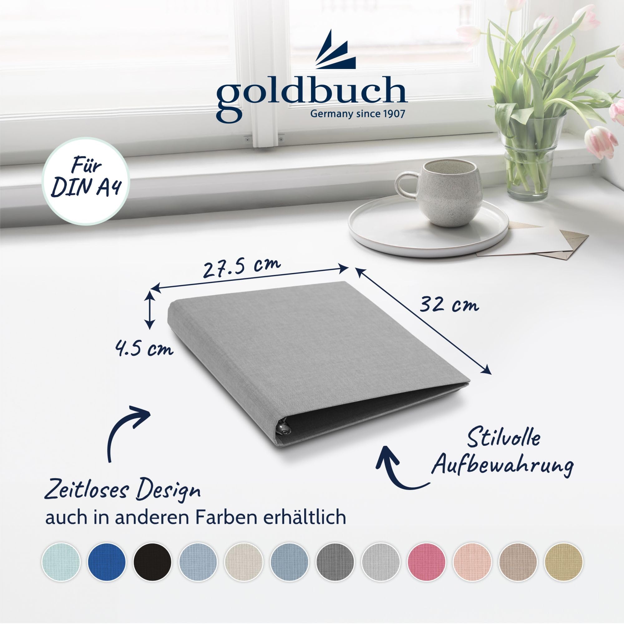 goldbuch 37919 Foto Ringbuch, Bella Vista, Foto Album 26 x 32 cm, Fotobuch Ordner aus Leinen, Fotoordner zum Selbstgestalten und Befüllen, Format DIN A4, ideal für Reise & Urlaub, Hellgrau