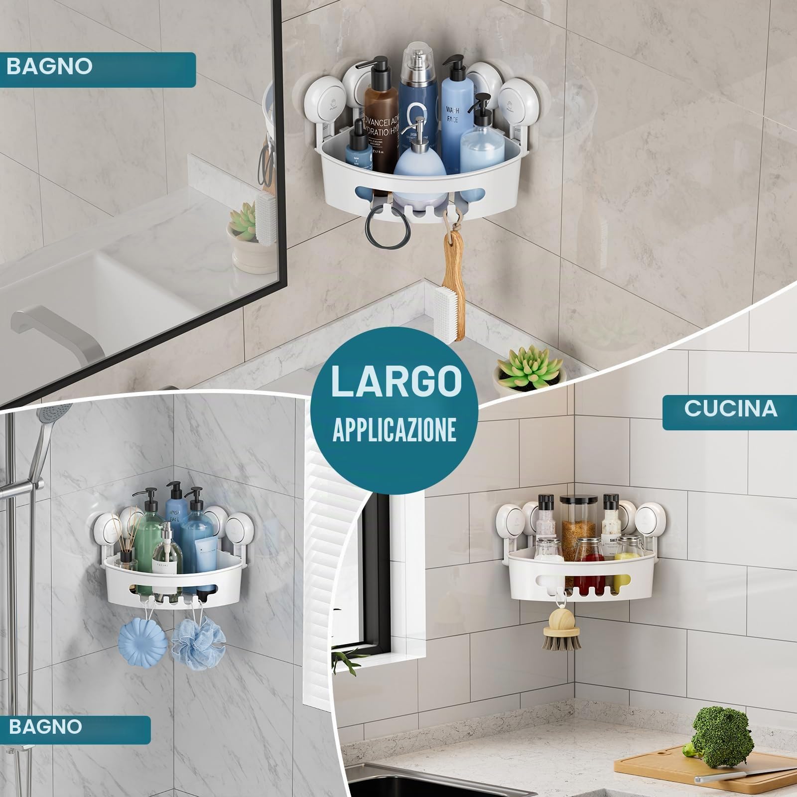 TAILI Mensola angolare per doccia con ventosa, senza foratura, cestello angolare per doccia ad aspirazione, resistente, 10 kg, per bagno e cucina, angolo colore Bianco