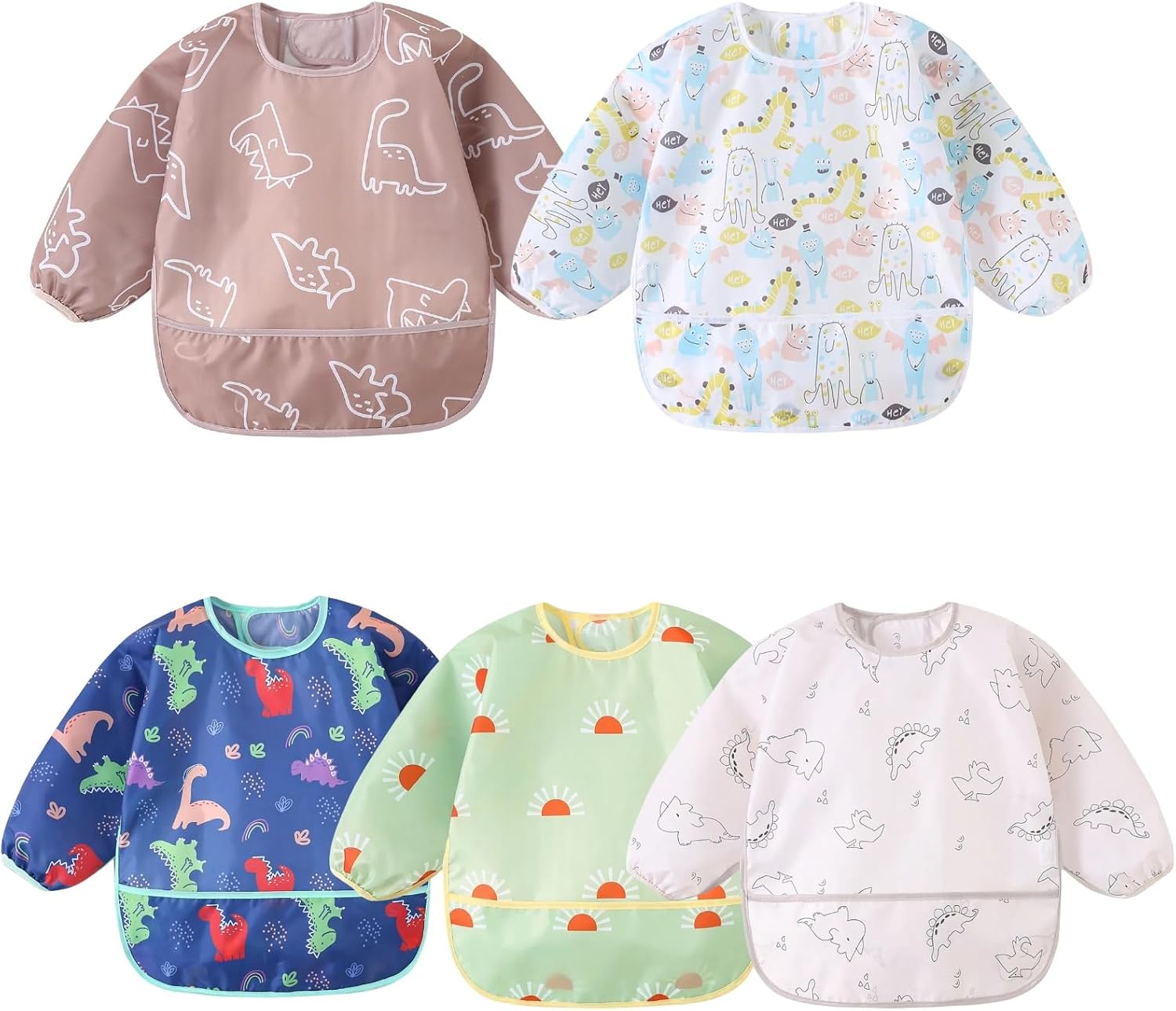 Long Sleeved Bibs,5 PCS Waterproof Wearable Bibs with Sleeves,Baby Feeding Smock 6-30 Months