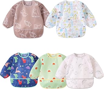 Long Sleeved Bibs,5 PCS Waterproof Wearable Bibs with Sleeves,Baby Feeding Smock 6-30 Months