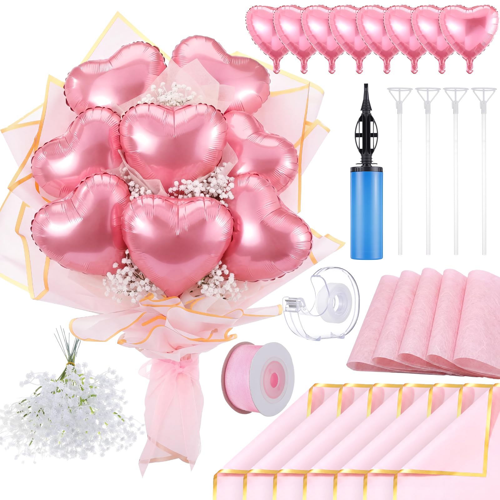 Qeeenar Kit fai da te per bouquet di palloncini a forma di cuore, 8 palloncini a forma di cuore in lamina con fiori di respiro del bambino, carta da regalo e nastro, kit per la creazione di bouquet di