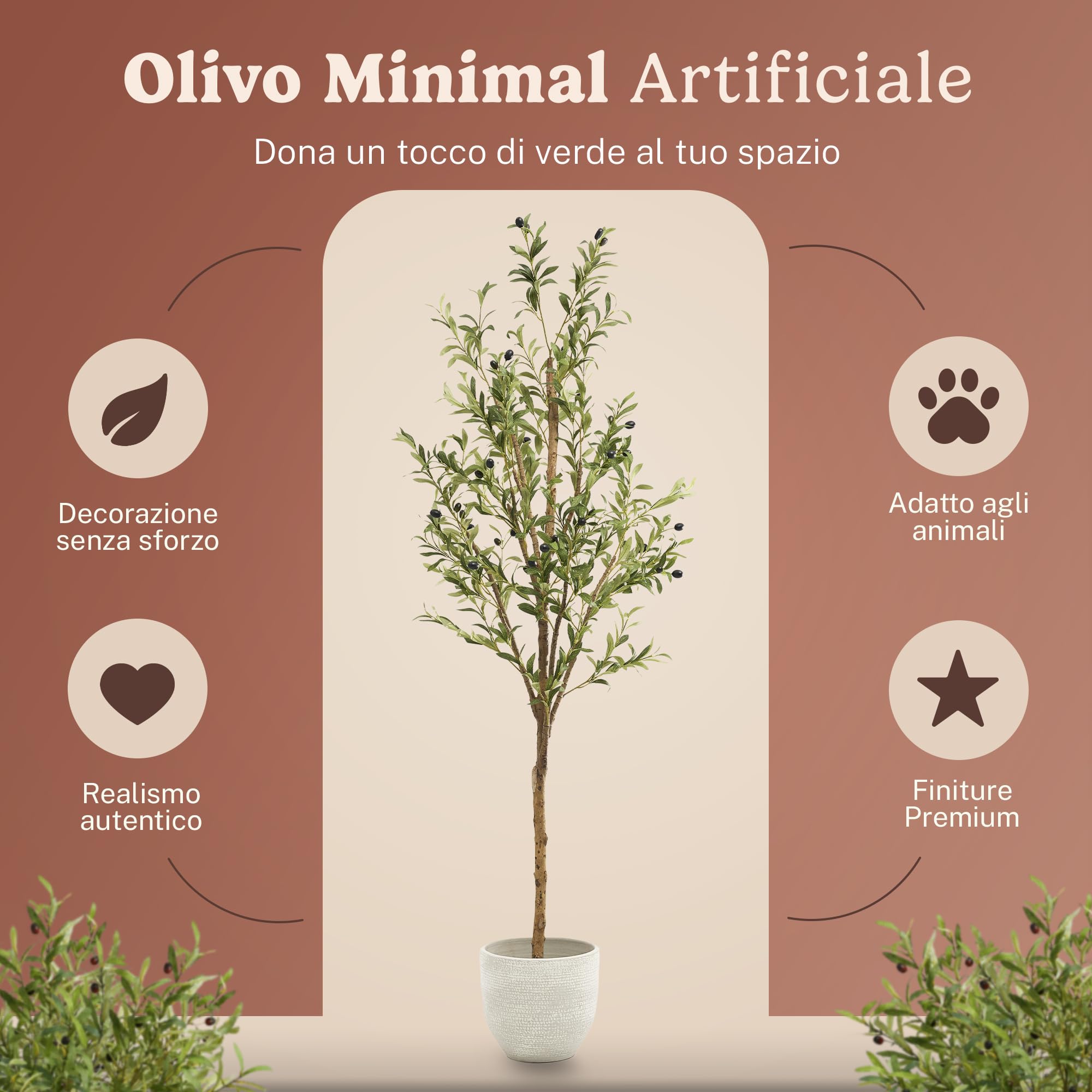 MAIA SHOP Olivo artificiale 180 cm Minimal, pianta finta grande da interno con tronco naturale, albero decorativo realistico per arredare casa ufficio e hotel
