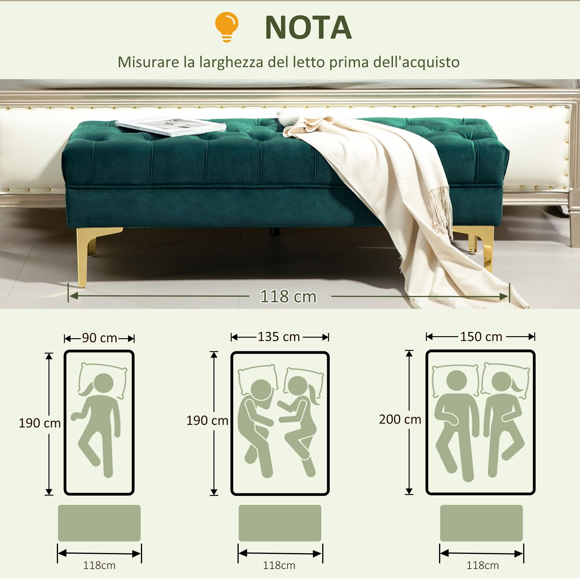 HOMCOM Panca Camera da Letto con Rivestimento Trapuntato, Panca Imbottita in Velluto con Gambe in Metallo per Ingresso, Corridoio e Soggiorno, 118x45x42 cm, Verde Scuro