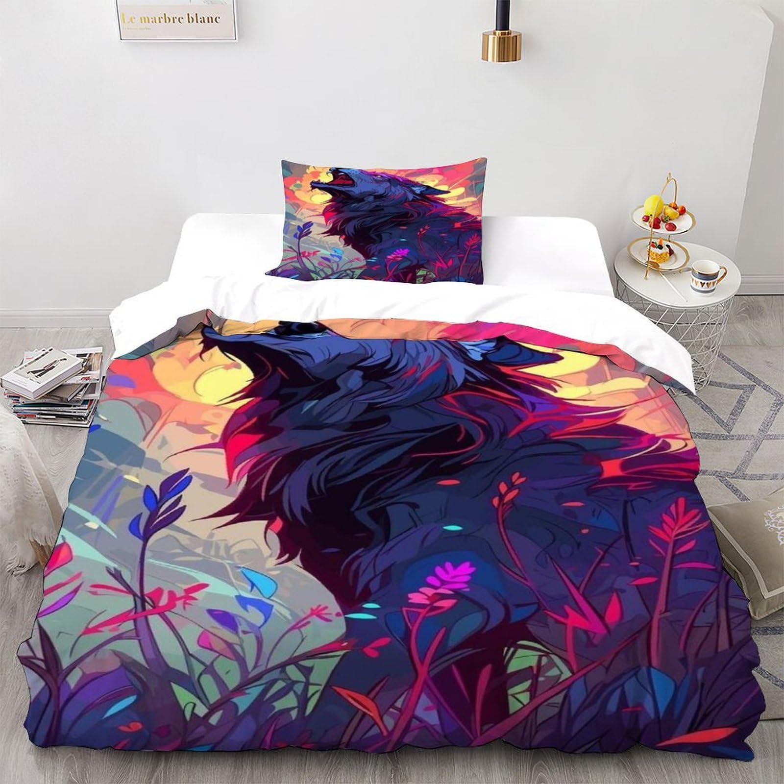 Housse de couette loup 135x200 parure de lit animal fermeture éclair adulte