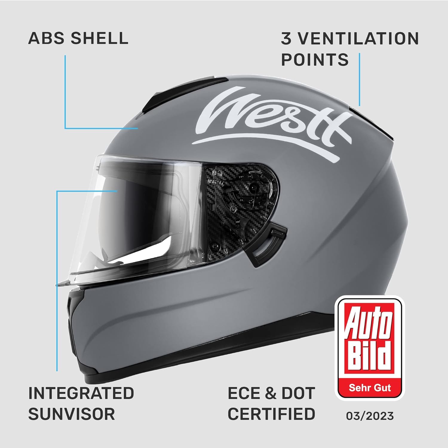Westt Compact Motorcycle Helmets - with Dual Visor, DOT Approved, Full Face Helmet for Men Women Adults Lightweight Storm X Grey Black White (Grey, M (22.44-22.84 in))