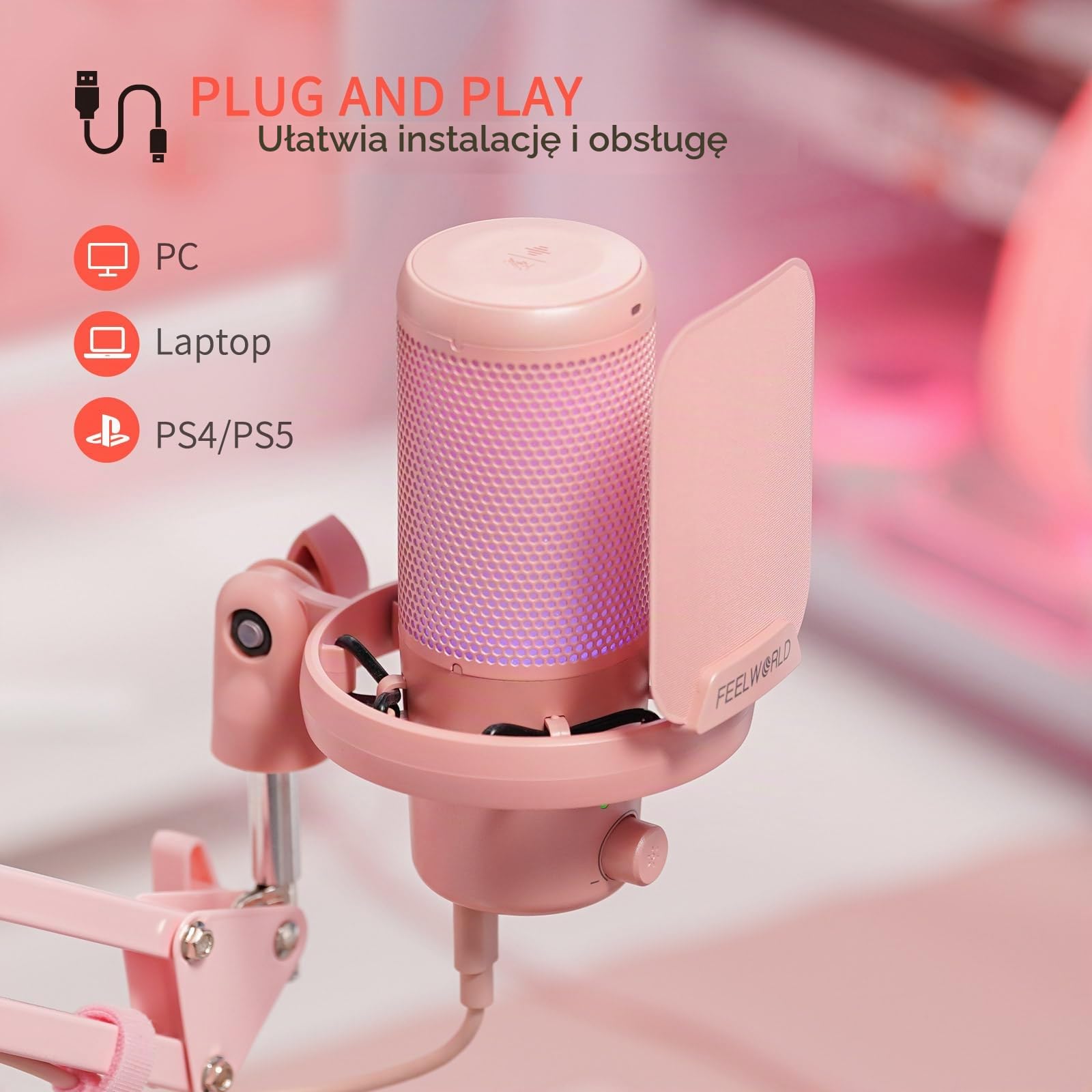 Feelworld VM1 mikrofon gamingowy USB ze stojakiem wspornikowym do nagrywania podcastów, gier wideo, studyjnego mikrofonu komputerowego, różowy z kardioidalnym wskazaniem, oświetlenie RGB, siatka