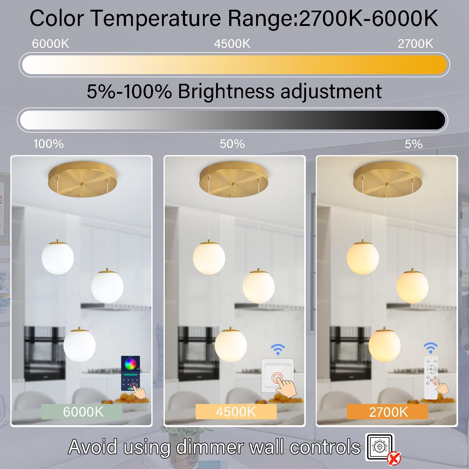 3-Lights Globe Glass Pendant Light Modern Gold White Globe Glass Chandelier Mid Century Chandelier Hanging Fixture for Kitchen Island Foyer Hallway Dining Room