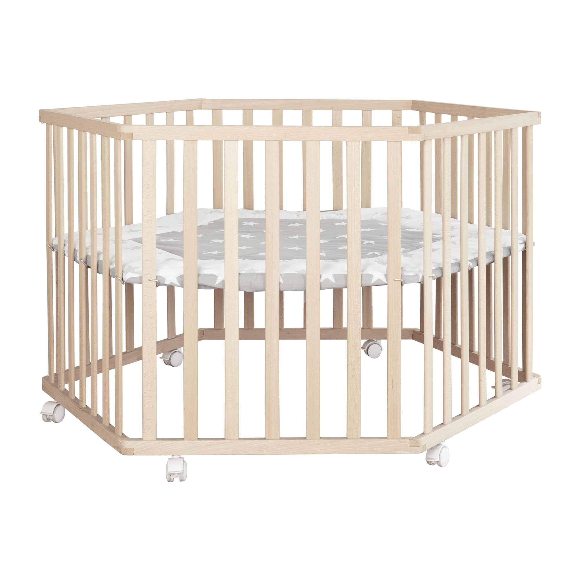 roba parc hexagonal avec tapis au design 'Little Stars' – bois massif de hêtre – parc réglable en hauteur sur 3 niveaux – mobile et sécurisé grâce aux roulettes freinées – bois naturel