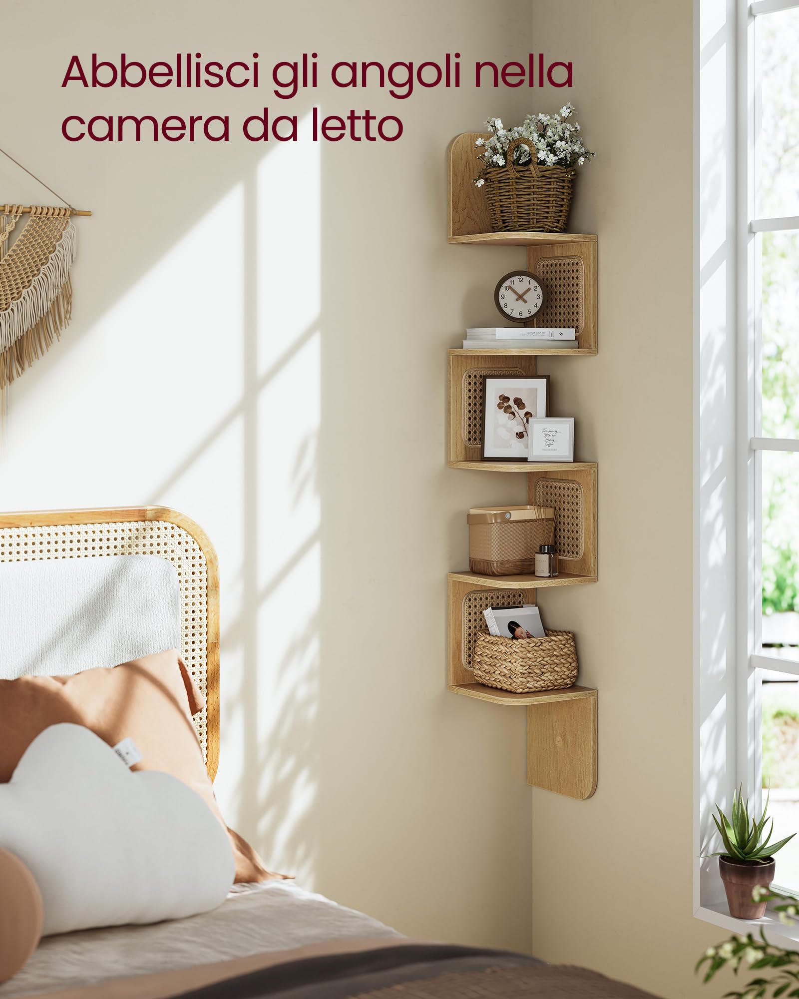 VASAGLE Libreria Angolare, Mensola Angolare da Muro a 5 Ripiani, Portante di 25 kg, Lati in Rattan PVC, Scaffale Compatto, Cucina Camera da Letto Soggiorno, Stile Boho, Beige Rovere LLS582Y57