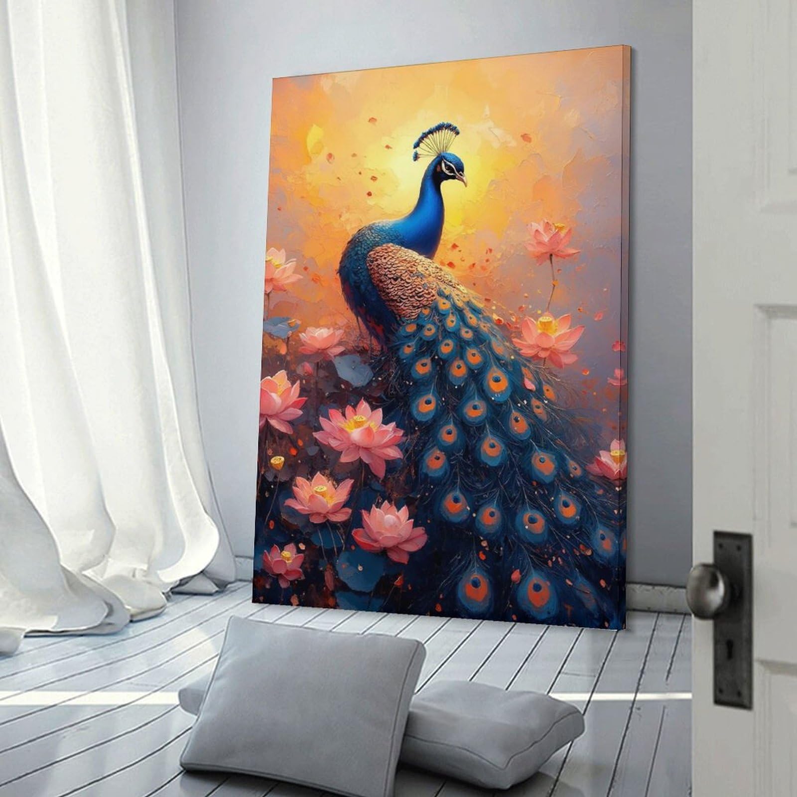 Junmoney Room Decor Wall Art Peacock And Lotus Flowers Art, 16x24inch(40x60cm), for Workspace Walls, Study Corners Or Bedrooms, A Smart Decor Choice for Study Walls