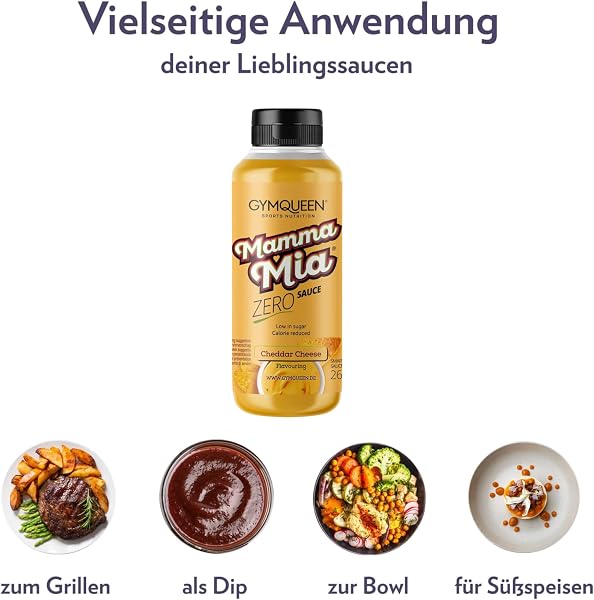 GymQueen Mamma Mia Zero Sauce 265ml, Cheddar Cheese, kalorienreduziert, ohne Fett & ohne Zuckerzusatz, zum Verfeinern von Gerichten oder als Salat-Dressing - 3