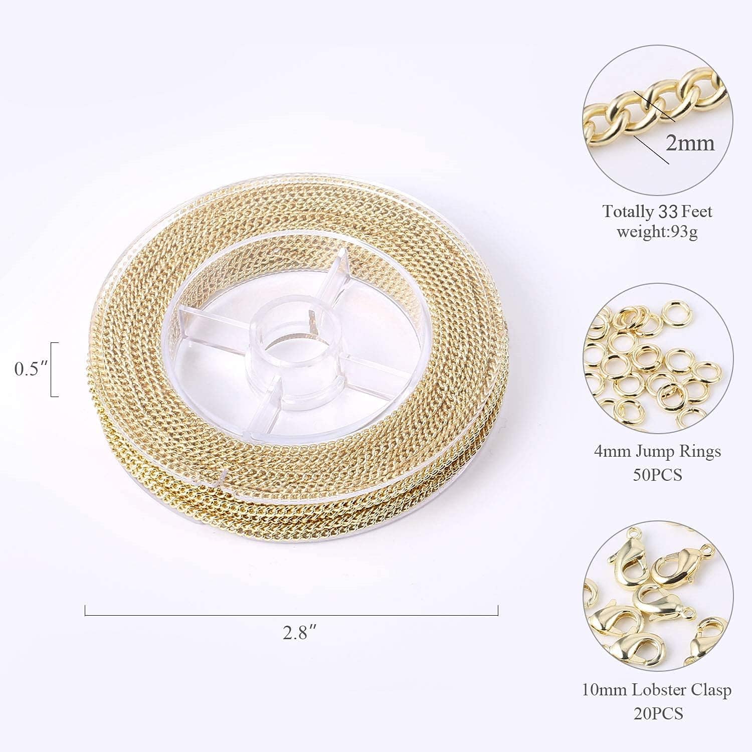 33FT Gold Chain, 2mm Thin Gold Chain with 50PCS Open Jump Rings 20PCS Lobster Clasps, 14k Gold Plated Curb Chain Bulk for Necklace Making Jewelry Craft