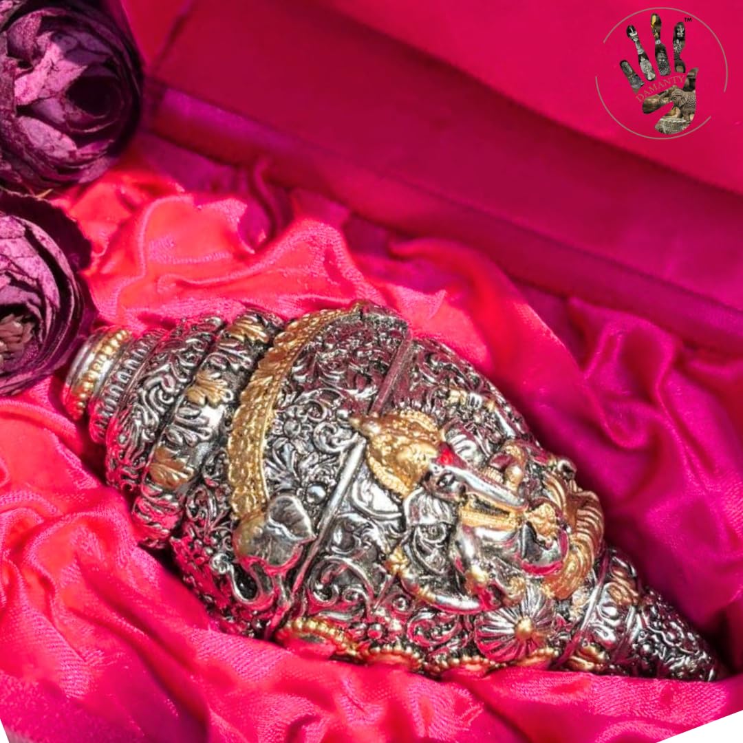 Pure Silver Plated Ganesh Shankh for The Temple, Home Decor & Gifting (Size: 5 inches) (Antique-Gold)