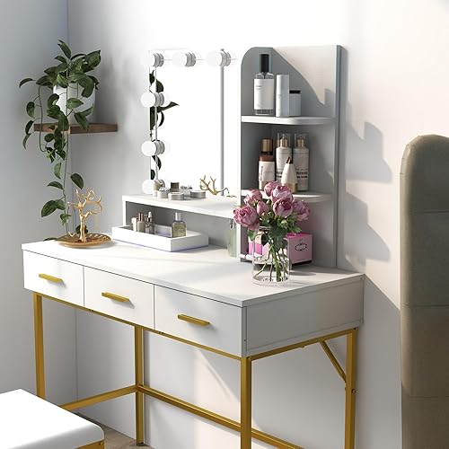Miniatura 8 de Mesa de tocador con espejo iluminado, 3 cajones, escritorio de maquillaje con mucho almacenamiento, juego de tocador con taburete acolchado más