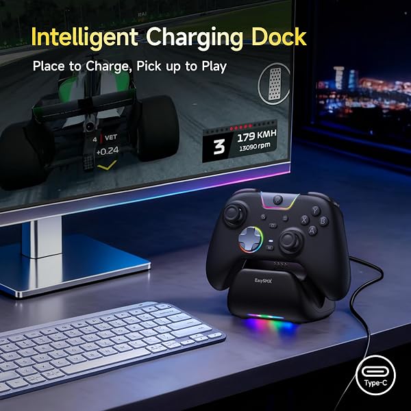 EasySMX X05 Pro Wireless Controller for PC Ergonomic Skin-Like Grip, Quiet-Touch Low-Noise Buttons, 1000mAh Battery, Dual Triggers, Hall Joysticks, 2 Programmable Buttons, RGB, with Charging Stand - 2