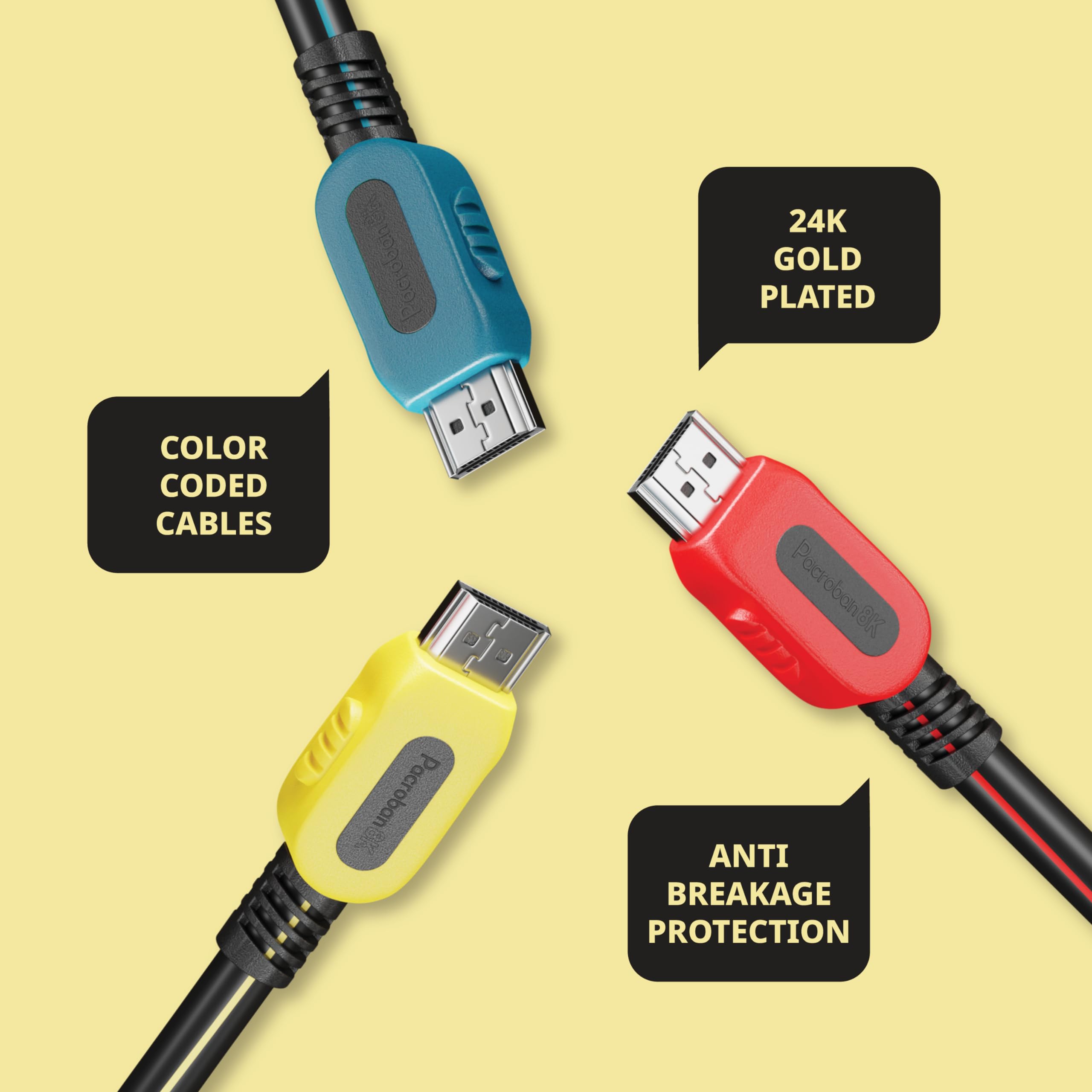Pacroban 8K - Cavo HDMI 2.1, confezione da 3, 48 Gbps, 4 K, 120 Hz, eARC, ecc. (1,8 m)