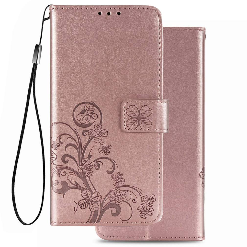 LEMORRYCase for OPPO A54 4G PU Leather Case Wallet Flip Folio Shockproof Phone Case with [Kickstand] [Card Slots] [Magnetic Closure] Cover for OPPO A54 4G, Lucky Cloverr (Rosegold)