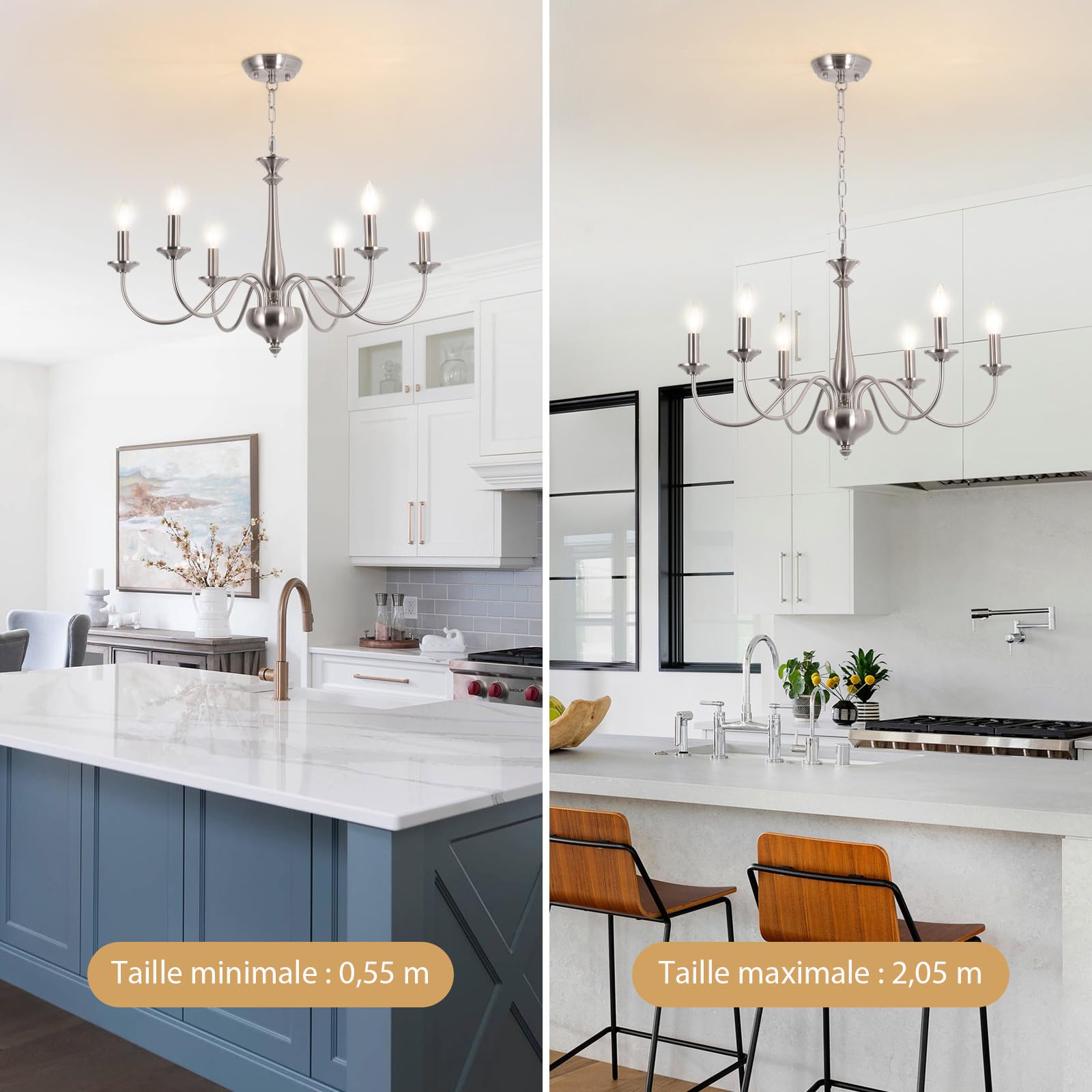 Lustre Salon Moderne Lustre Salle à Manger Bougie Chandelier Lustres Couleur Nickel,6*E14 Style RéTro -Convient Pour La Salle à Manger, Cuisine,EntréE（Non Incluses）