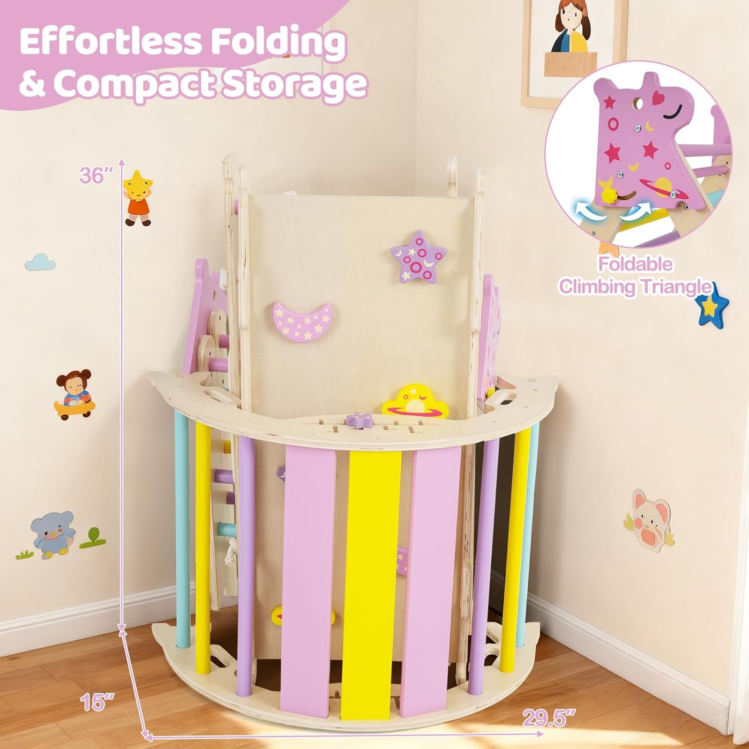 Costzon Pikler Triangle Set, 9-in-1 Foldable Baby Climbing Toys, Wood Montessori Climbing Set for Learning and Motor Skills, Indoor Playground Jungle Gym for Toddlers 3+ Climber Gifts (Pink)