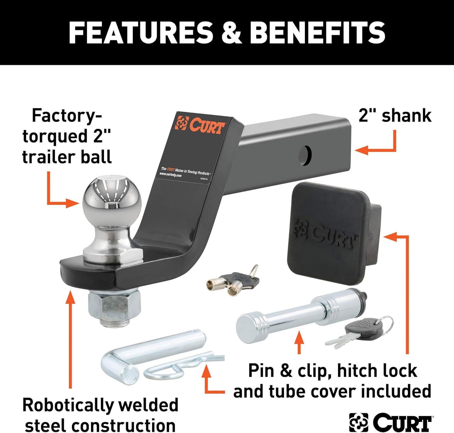 CURT 45554 Trailer Hitch Mount, 2-Inch Ball, Lock, Fits 2-In Receiver, 7,500 lbs, 4" Drop, Cap