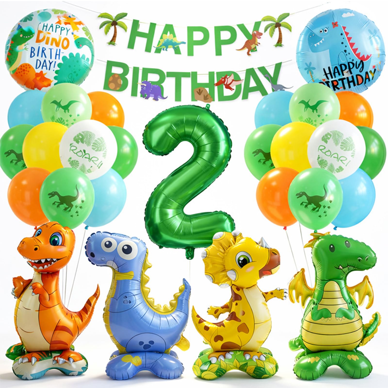Dinosaur Birthday Decorations Balloons - Dinosaur Birthday Party Decorations with Green Blue Orange Gold Latex Balloons Happy Birthday Banner for Jungle Safari Theme Party Supplies