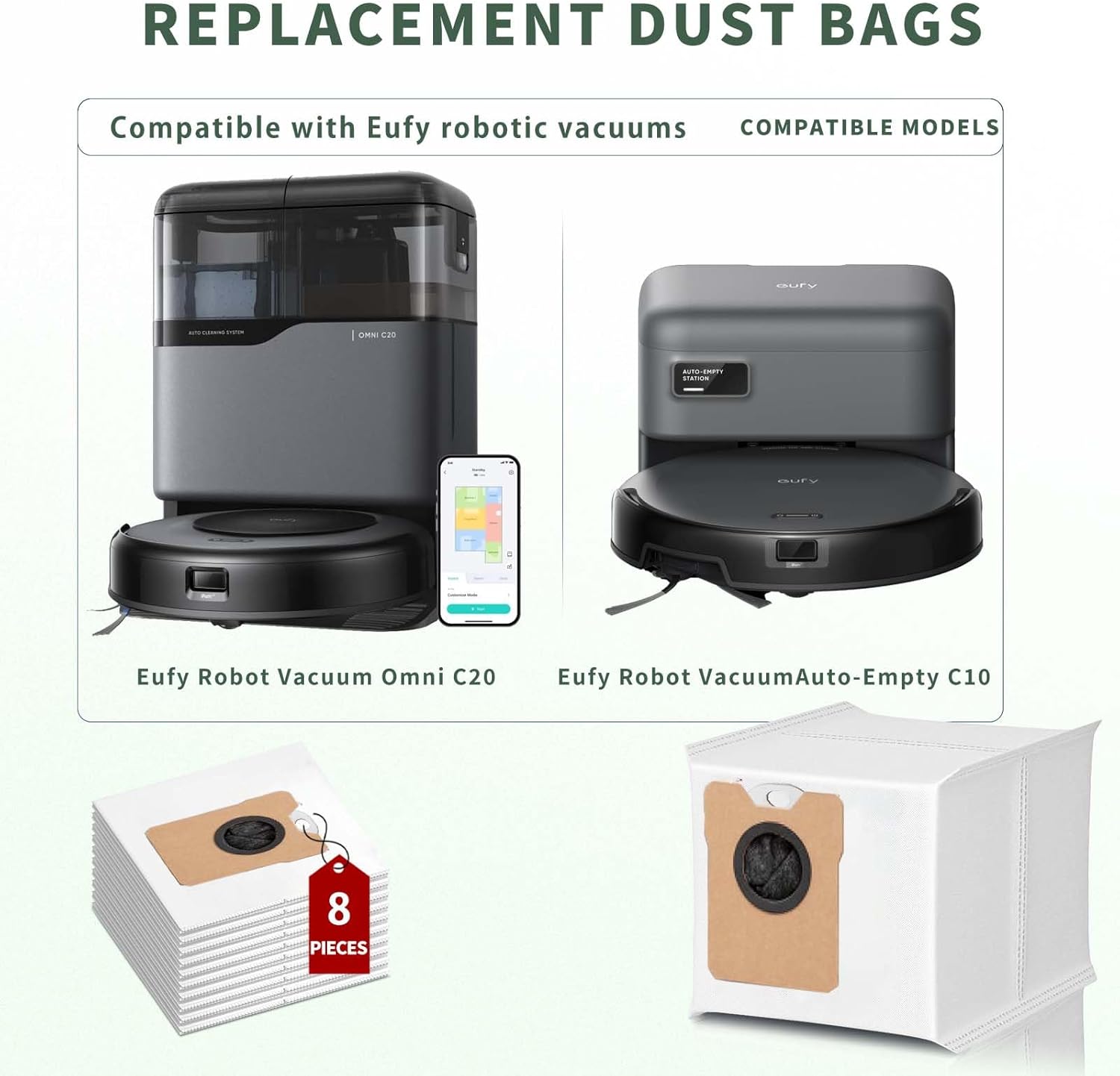 8 Pack Replacement Dust Bags Compatible with Eufy Omni C10 C20 Robot Vacuum Cleaner, 3L large Capacity Dust Bags,3-Layer Replacement Disposable Bags, Vacuum Accessories