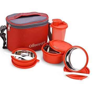 Groove Lunch Box, Microwave Safe and Leak Proof, 3 Inner Steel Containers with BPA Free Airtight Lid (2 * 290ml & 450ml), Plastic Tumbler (450ml), Plastic Cutlery - Red