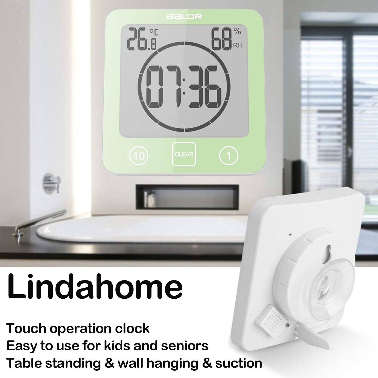 Waterproof Bathroom Wall Clock Shower Timer, Digital Large Visual Countdown Alarm Clock with Temperature Humidity - Image 3