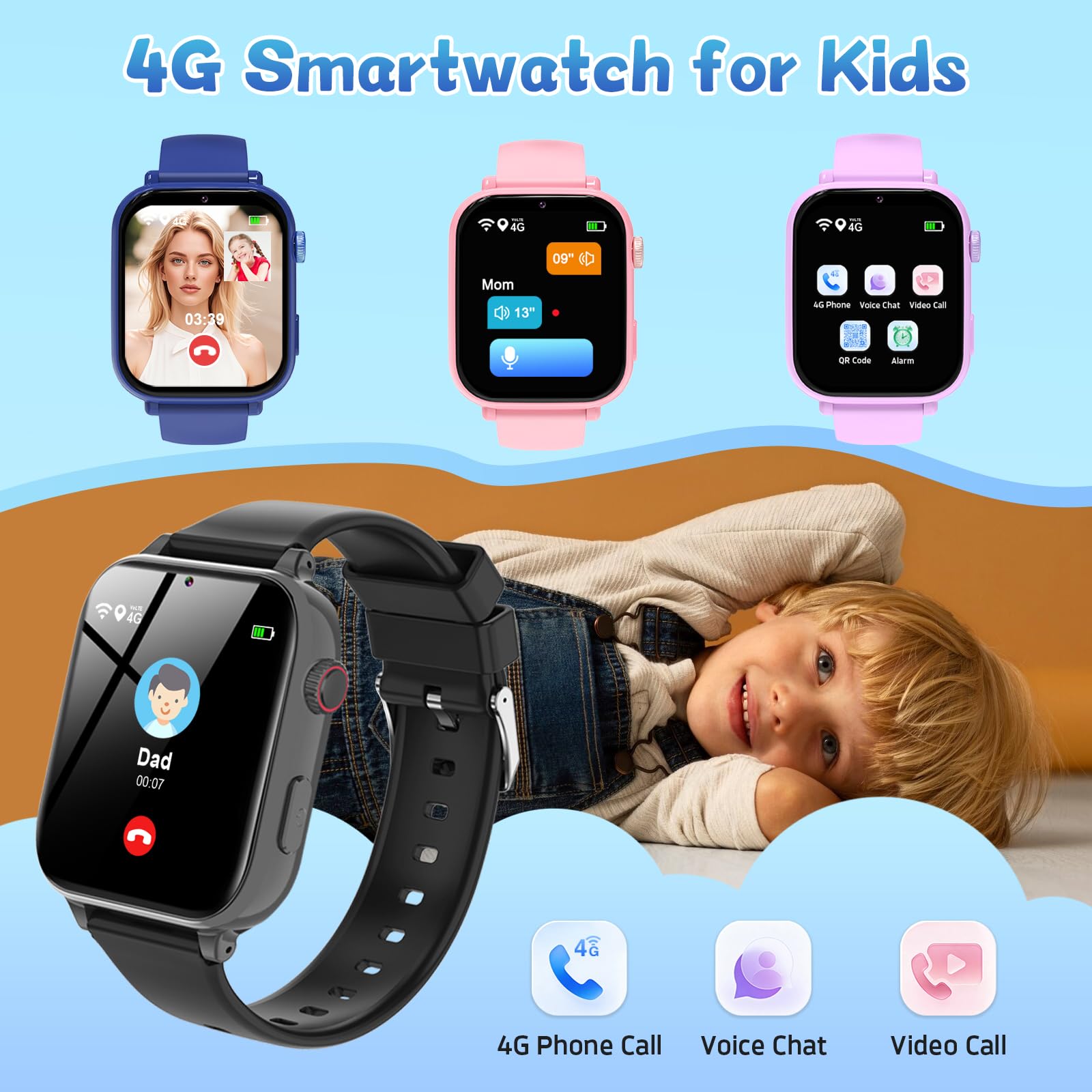 PTHTECHUS Reloj Inteligente Niño, Smartwatch Niños con GPS y Llamadas 4G, Telefono, SOS, Chat de Voz, Videollamada, Modo Clase, Reloj Infantil Niño Niña de 4 a 12 Años Regalos Navidad (Negro-S1)
