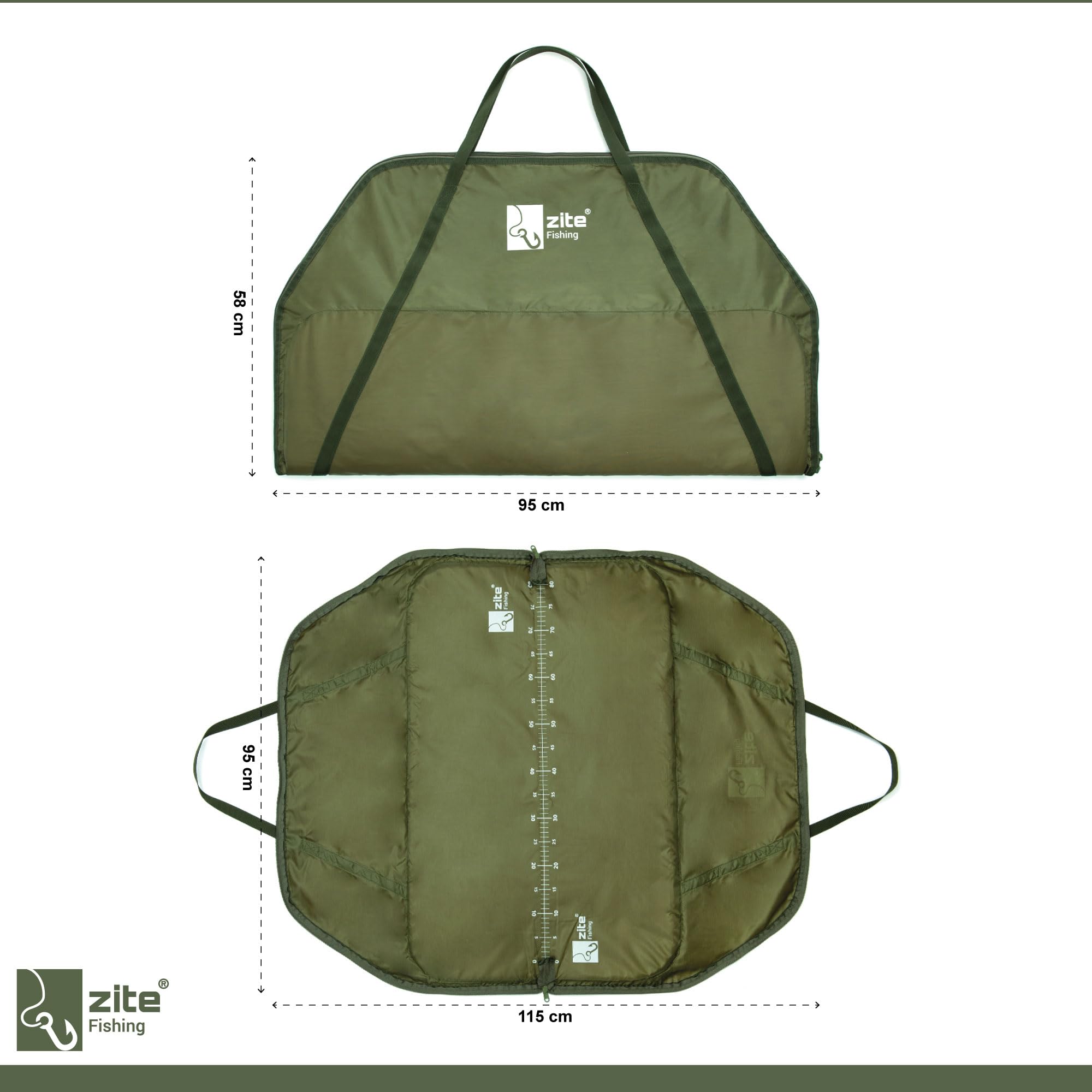 Zite Fishing Karpfen Abhakmatte Angeln mit Maßband & Wiegeschlinge in 1 - Tragegriffe & Reißverschluss – Weigh Sling Karpfenmatte 95x115cm – Wiegesack Karpfenangeln, Abhakmatte Karpfen