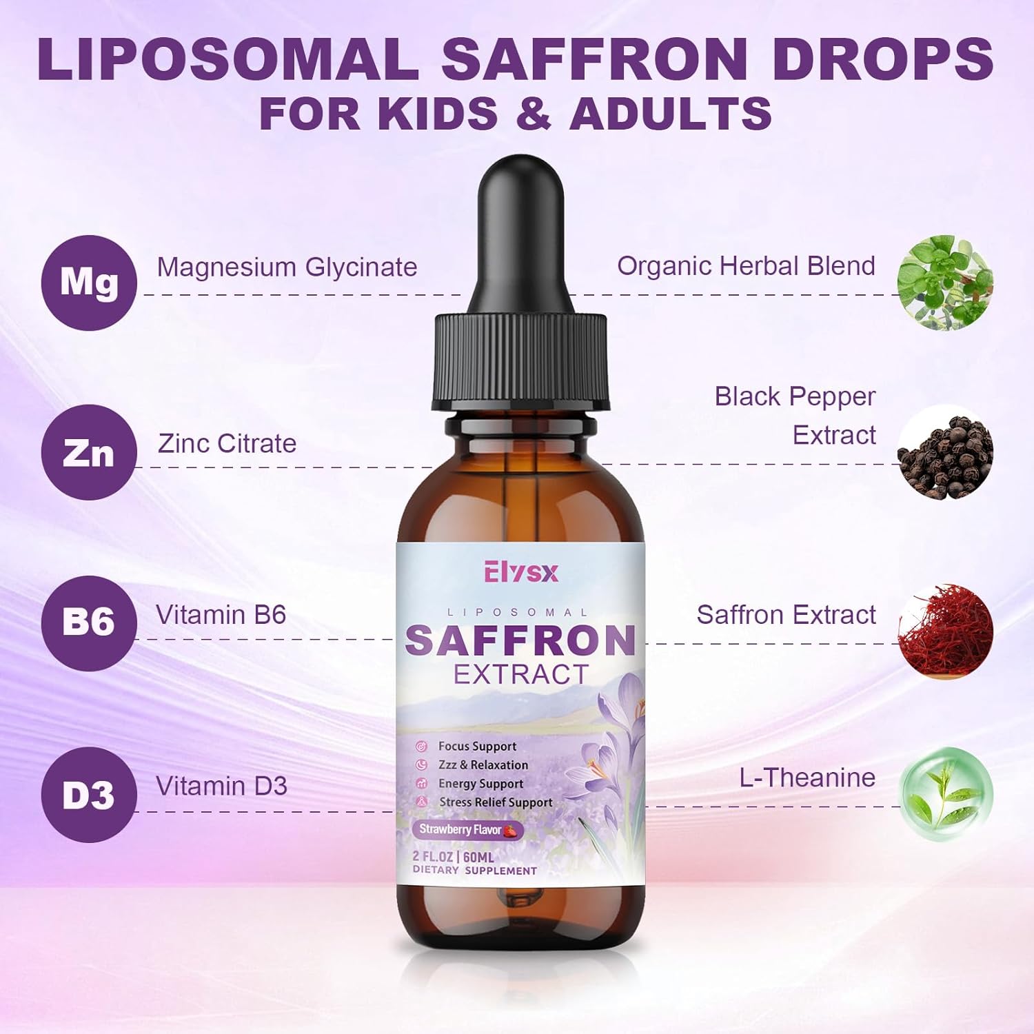 Liposomal Saffron for Kids & Adult, Organic Saffron Extract Liquid Drops with Holy Basil, Rosemary, L-Theanine for Stress, Focus, Energy Support, Eye Health, Vegan, Strawberry Flavor, 2 FL OZ - Image 3