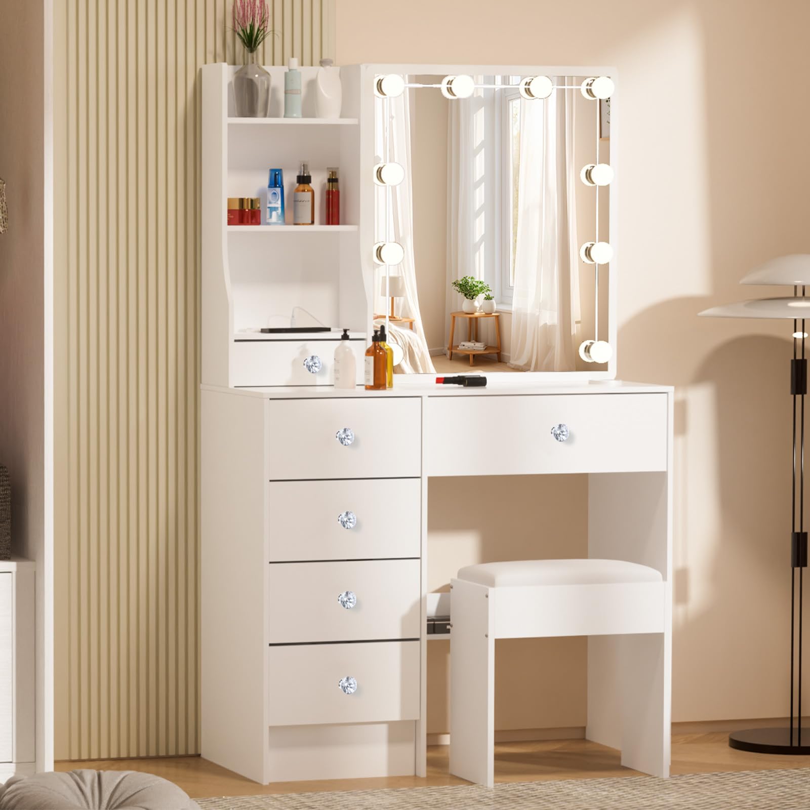 Saimeihome White Vanity Set with Mirror, 10 LED Bulbs, Adjustable Light & 3 Color Settings, Dressing Table with 6 Drawers, 6 Shelves, Includes Stool, 80x36x130cm