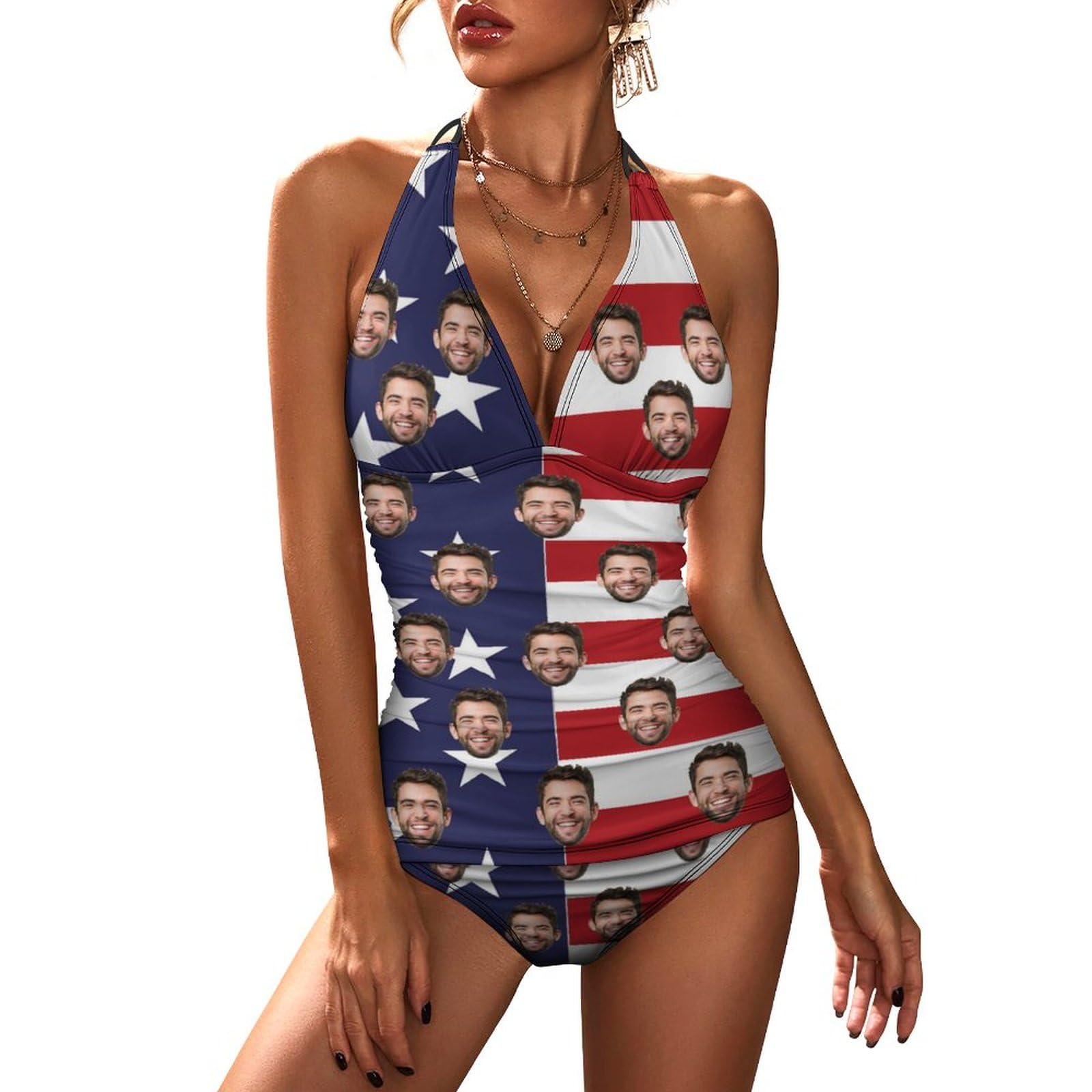 Personalized Husband Face on Women V Neck Swimsuits American Flag 2 Piece Bathing Suits Swim