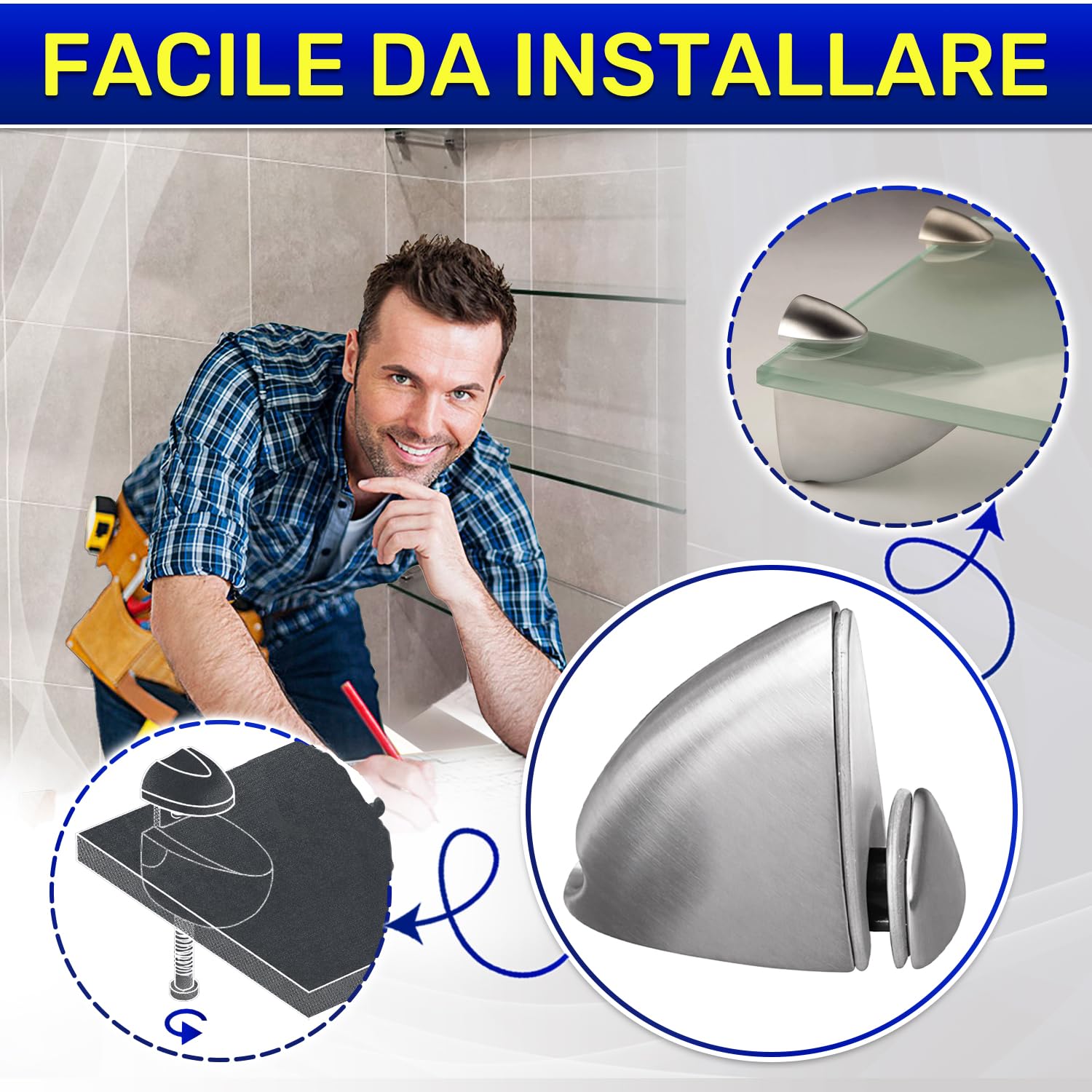 2 Pezzi Reggimensola Vetro o Reggimensola Legno - Adatto a Ripiani Fino a 20 mm di Spessore Carico Massimo 8 kg - Supporto Mensola Vetro in Lega Zinco-Alluminio - MONTERAL