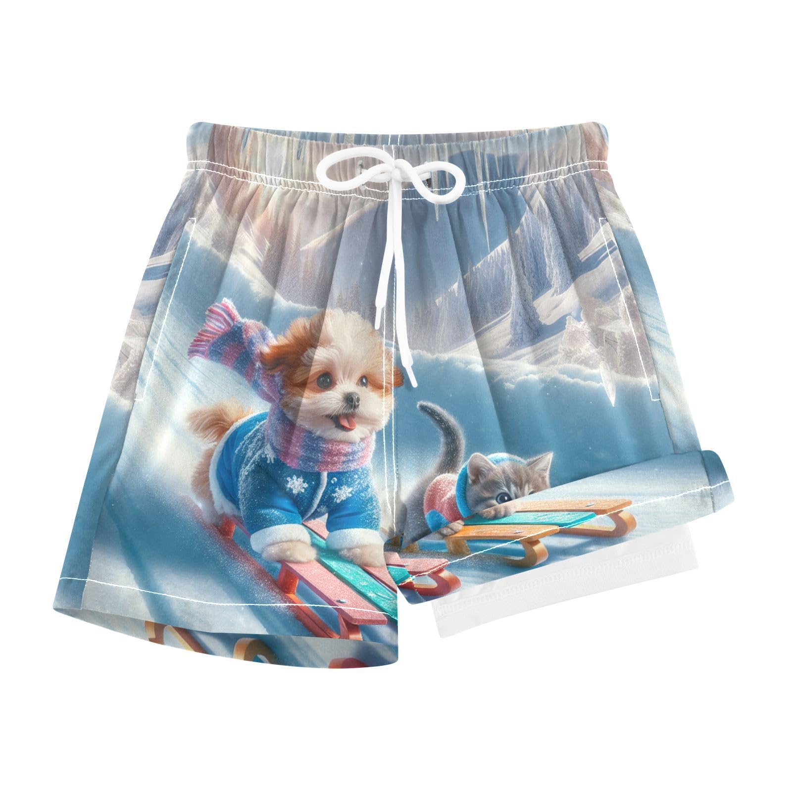 YANENDIE Boy Swim Trunks with Compression Liner Cat and Dog Skiing Boys Swim Shorts Quick Dry Beach Shorts