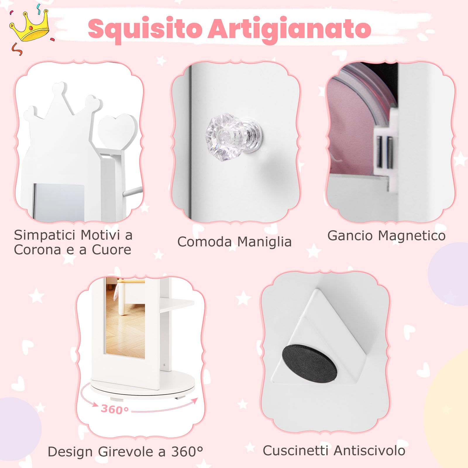 RELAX4LIFE 4 in 1 Armadietto Portagioie per Bambini, Specchio da Terra con Base Girevole a 360° e Appendiabiti, Ideale per Cameretta, 36 x 36 x 112 cm (Bianco)