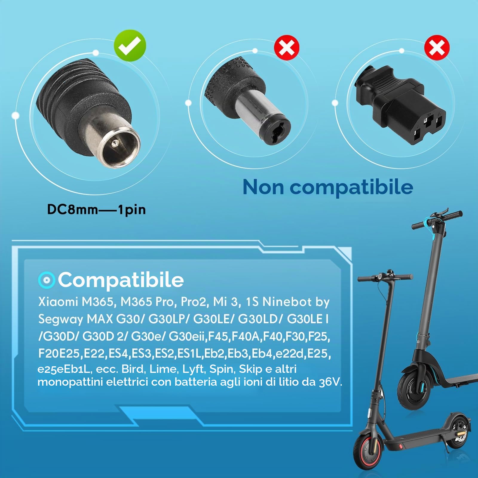 42V 2A Caricatore Monopattino Elettrico per Xiaomi M365,Pro,Pro 2,Mi 3,1s,Mi 4, 4 Lite, 5 Elite，Universale Caricabatterie Scooter Elettrico per Ninebot Serie, 85W 8MM DC Caricatore rapido EU