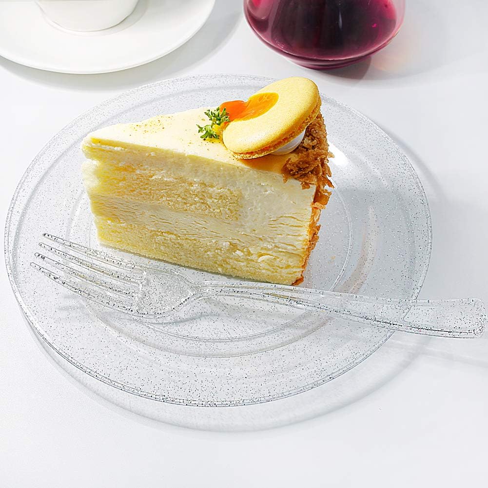I00000 144Pcs Silver Glitter Dessert Plates Set, Includes 72Pcs Plastic Dessert Plates 7.5",72Pcs Silver Forks 7.4",Silver Glitter Disposable Plates, Plastic Salad Plates for Appetizer with Party