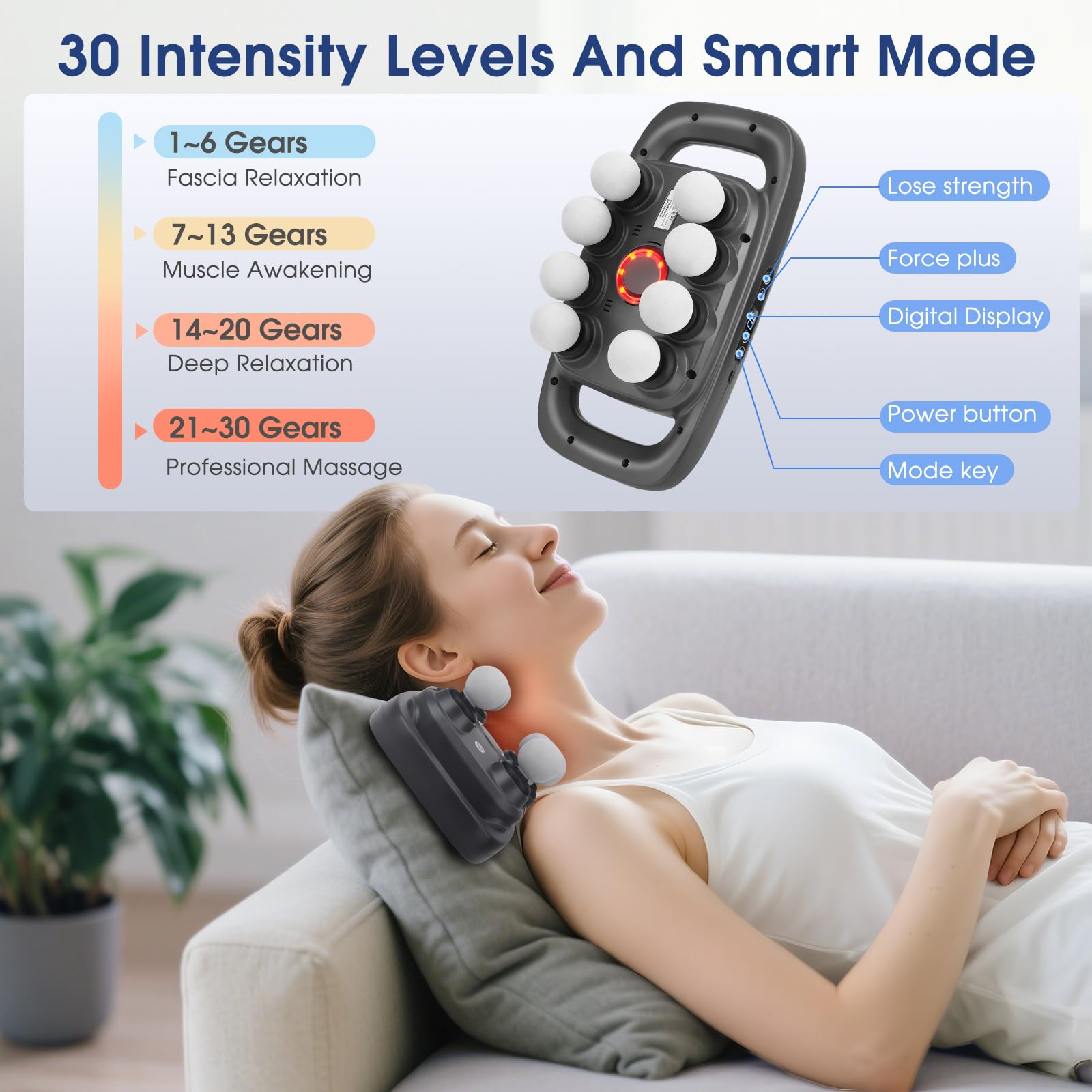 Pistolet de massage 8 Têtes, Appareil de Massage 30 Vitesses Ajustables et 3 Modes de Massage, Pistolet Massant Electrique avec Lumière Rouge pour Dos, Nuque, Jambes, Cuisses, Epaules et Pieds (2)