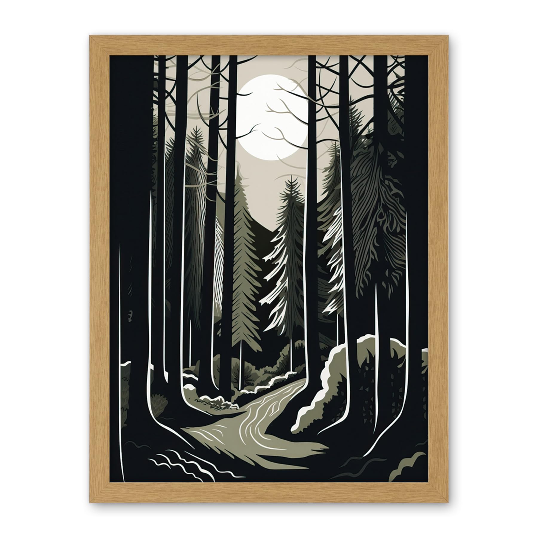 Artery8 Full Moon Night at Pine Forest Landscape Linocut Artwork Framed Wall Art Print 18X24 Inch