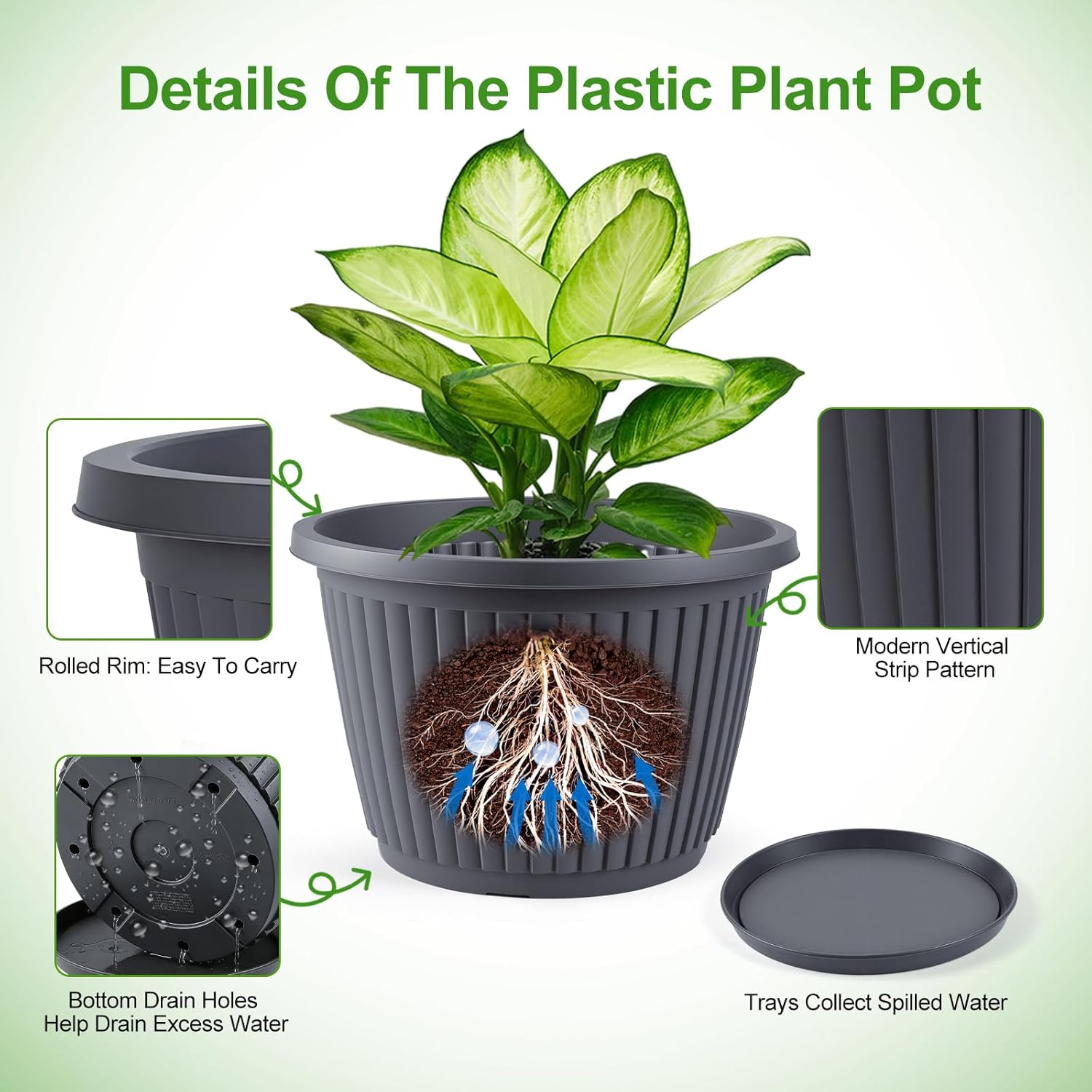 10-inch-Planters-for-Outdoor-Plant，Plastic Indoor Flower Pots with Drainage Holes & Saucer, 4 Packs Decorative Garden Pots for Plant for Home Porch Decor